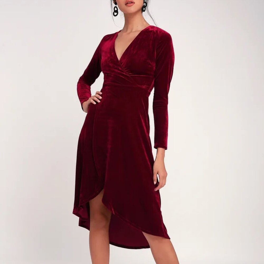 Burgundy Velvet Long Sleeve Midi Dress - Luxe Glamour | Silver Screen Elegance